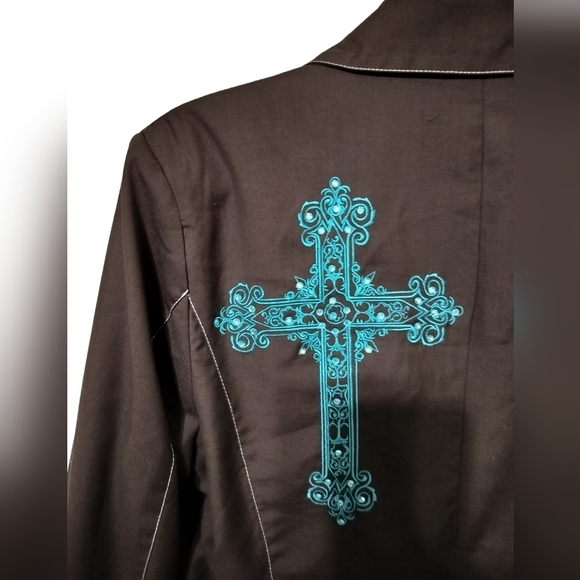1902) Cowgirl Tuff Brown Turquoise Cross Embellishment One button Jacket Size L - Picture 4 of 8